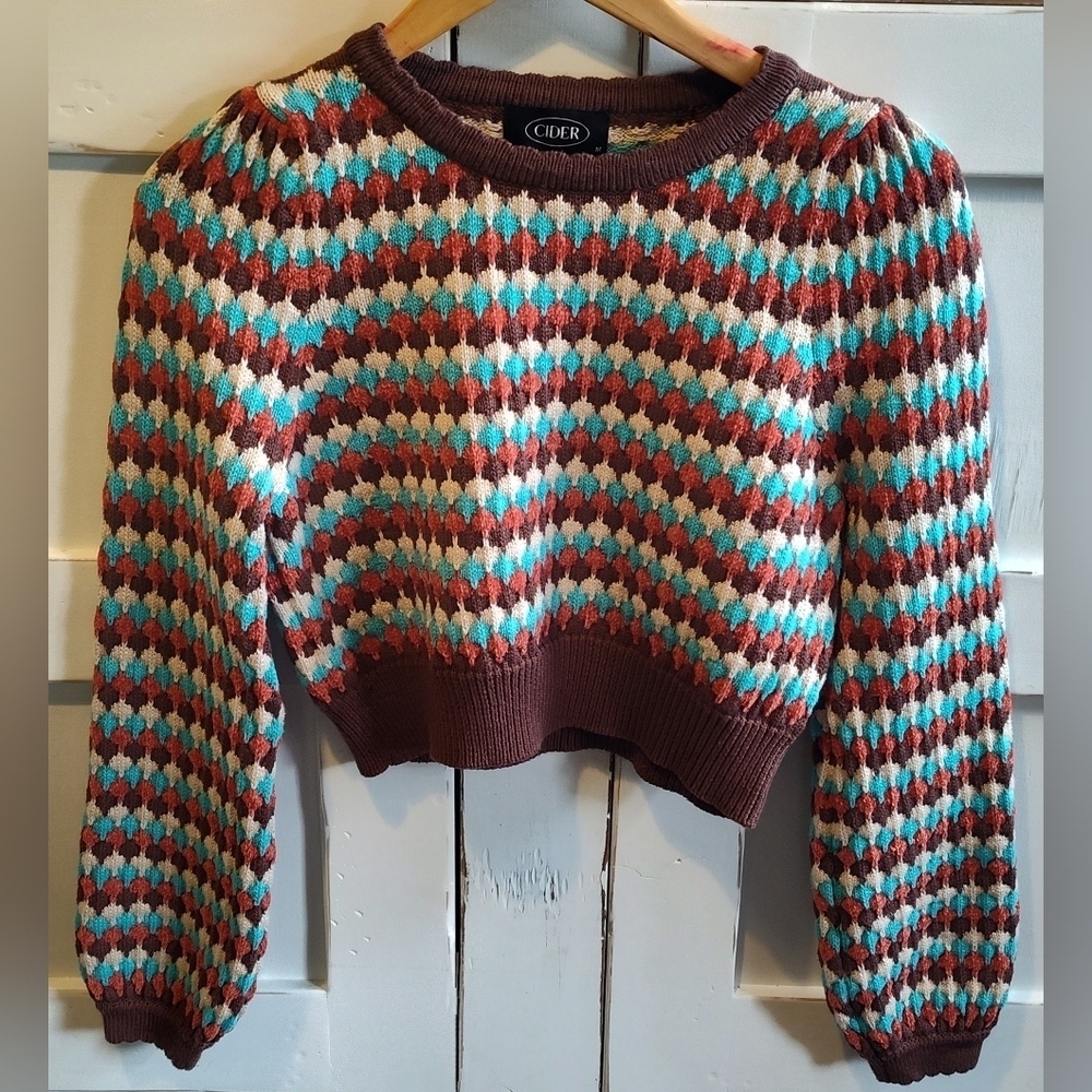 Cider Women's Multi Colored Cropped Long Balloon Sleeve Knit Sweater | Medium
